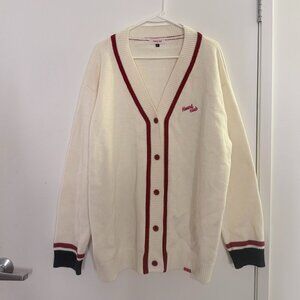 Mixxmix HEART CLUB Embroidered Logo Contrast Strips Knit Cardigan and Skirt Set